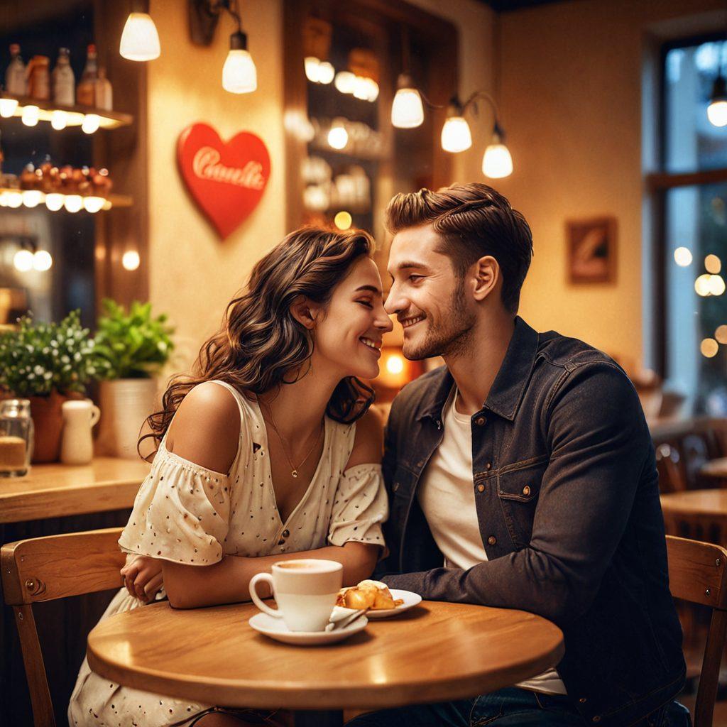A romantic scene with a couple engaged in playful flirting, surrounded by soft glowing lights and warm colors. Capture their intimate smiles and eye contact, symbolizing deep emotional connection. Include subtle heart shapes in the background to enhance the feeling of passion. The setting should be a cozy café with a hint of bokeh effect. super-realistic. warm tones. soft focus.